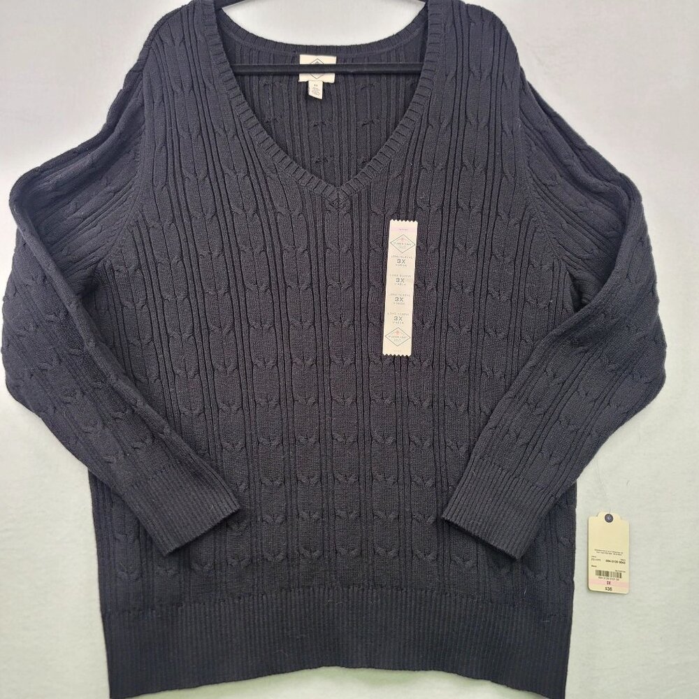 St Johns Bay Black Cable Knit V Neck Sweater 3X Classic Preppy Cottagecore New